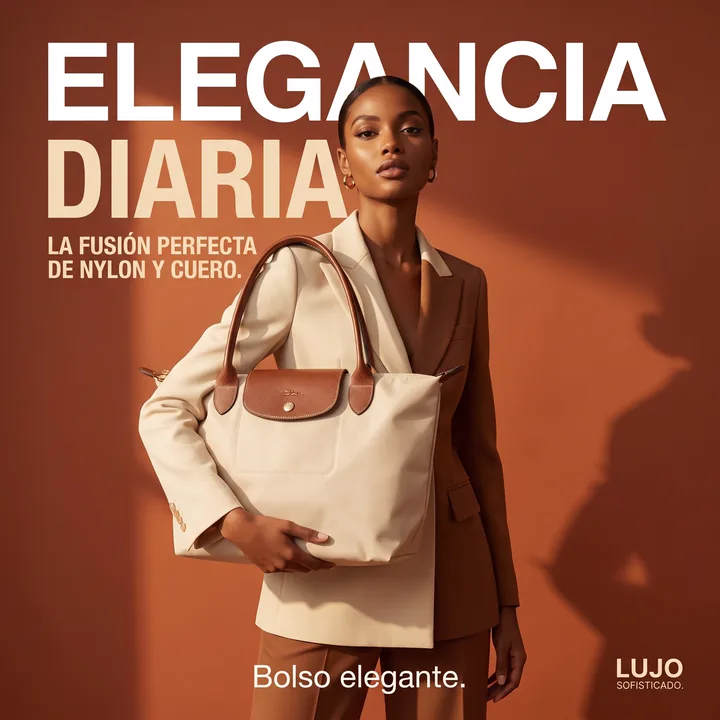 Anuncio "Elegancia diaria": modelo con traje crema sosteniendo el mismo bolso sobre fondo terracota