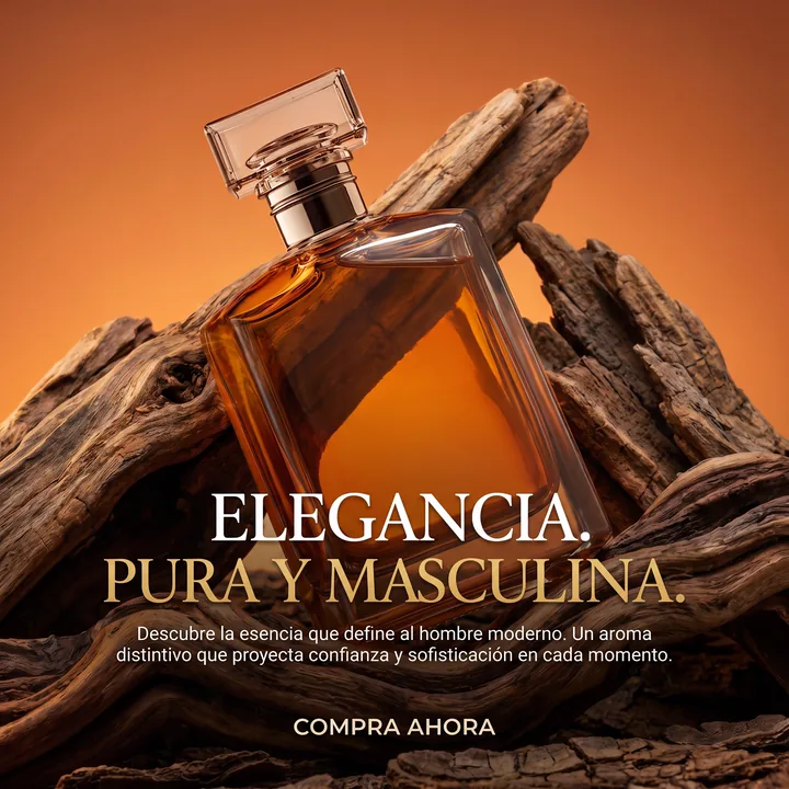 Anuncio "Elegancia. Pura y masculina.": el mismo frasco sobre madera antigua con fondo naranja