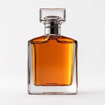 Foto de catálogo de un frasco de perfume ámbar sobre fondo blanco